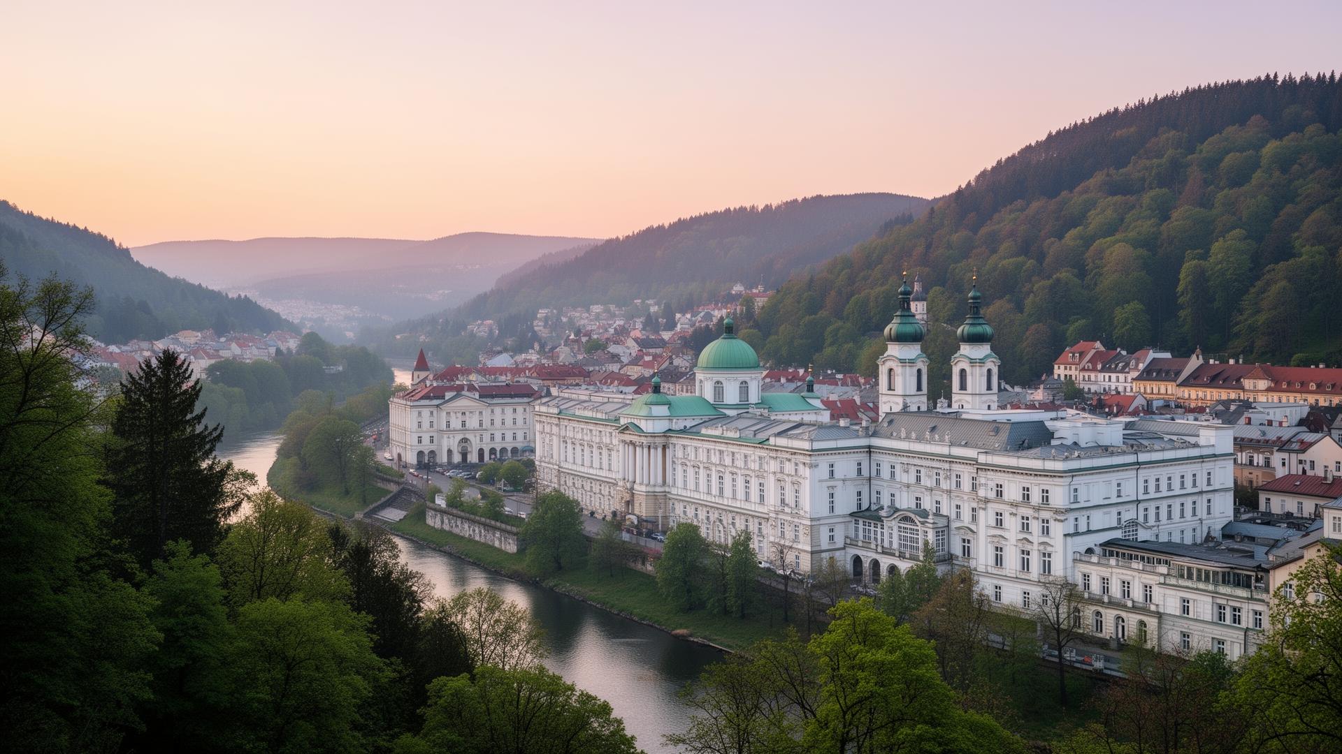Karlovy Vary panorama at first light from a hillside with white pastel-painted neoclassical spa buildings, the Teplá river and forested Bohemian hills