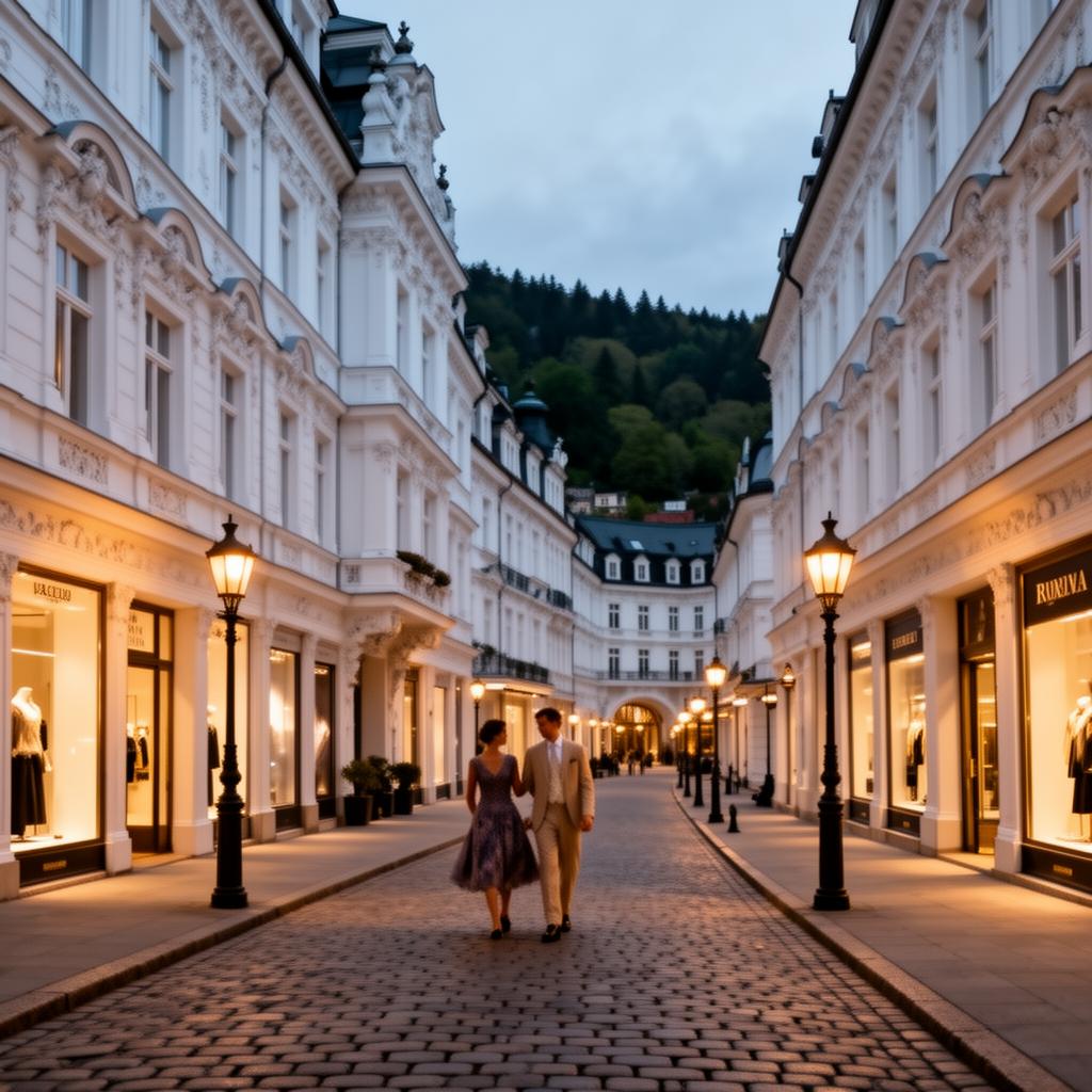 Stará Louka promenade Karlovy Vary refined pedestrian street at dusk with white neoclassical spa buildings, luxury boutiques and warm lamplight