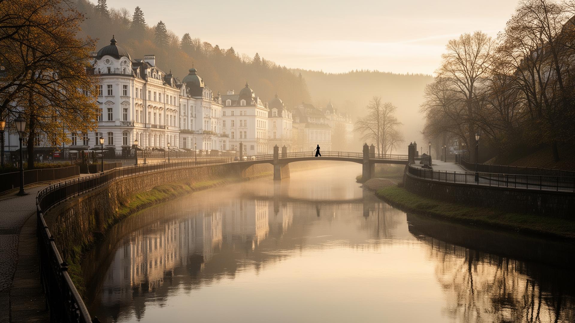 The Teplá river view in Karlovy Vary at last golden light with the river curving through the valley, white spa buildings reflected in the water and a footbridge