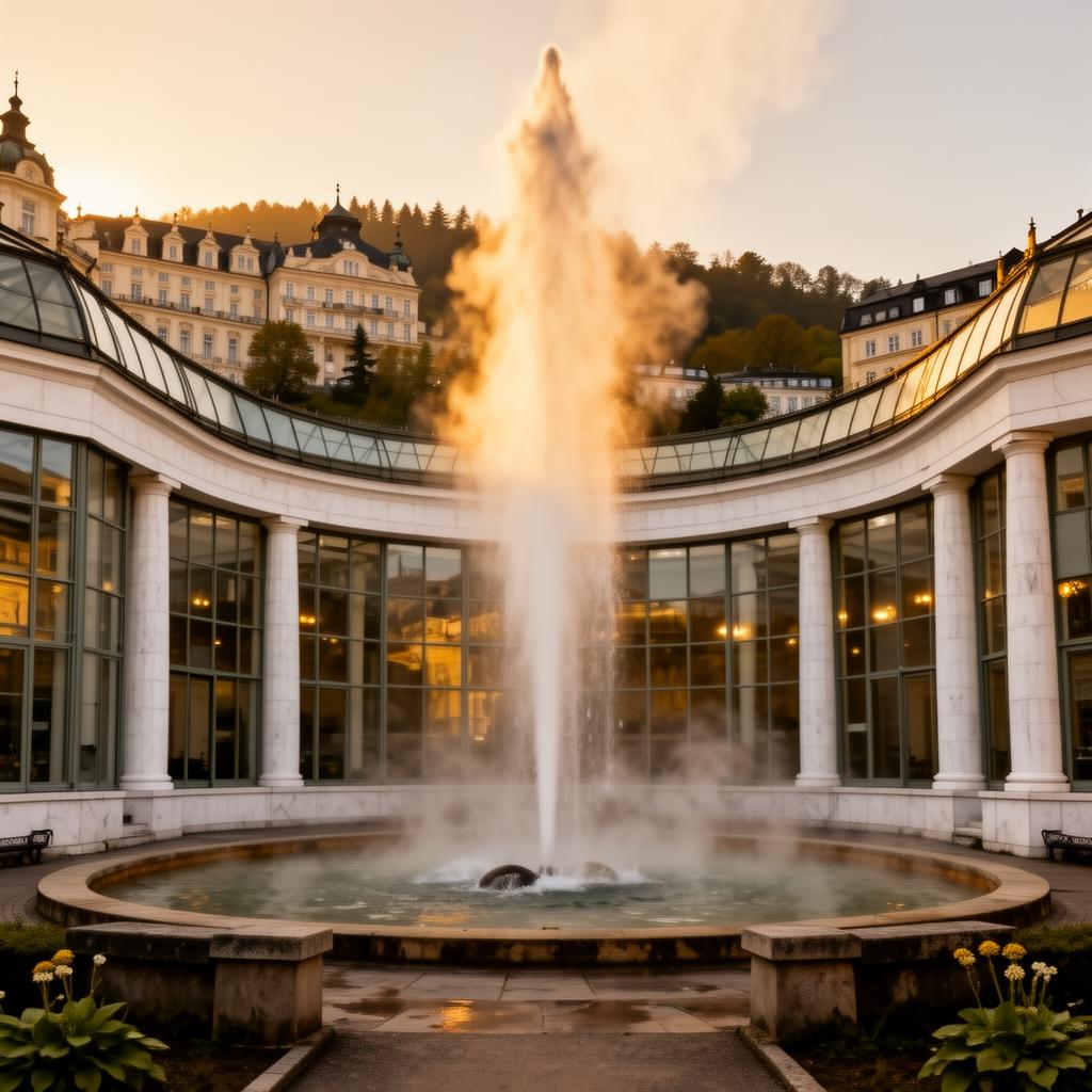 Hot Spring Colonnade and Vřídlo geyser hall Karlovy Vary modernist glass and white stone pavilion with the famous thermal geyser sending up a tall plume of steam