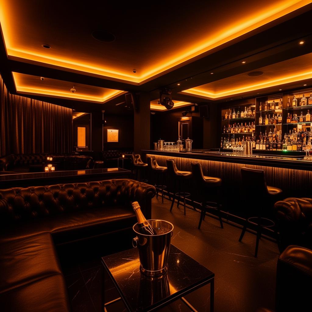 EPIC Prague refined upscale nightclub interior with dramatic warm amber LED lighting, dark surfaces, leather banquettes, polished bar and a champagne bucket