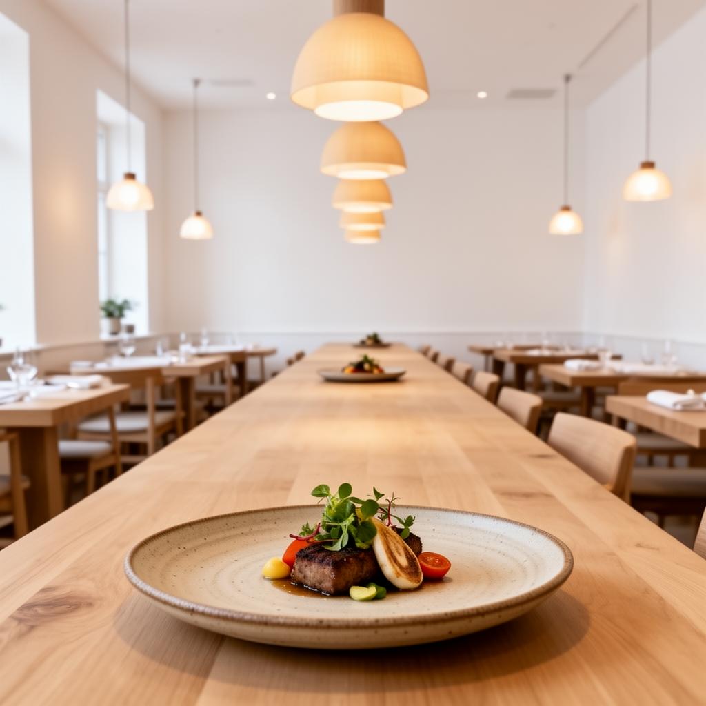 Field Restaurant refined contemporary Michelin-starred dining room interior with minimalist Scandinavian Czech design, blonde wood, white walls and warm pendant lights