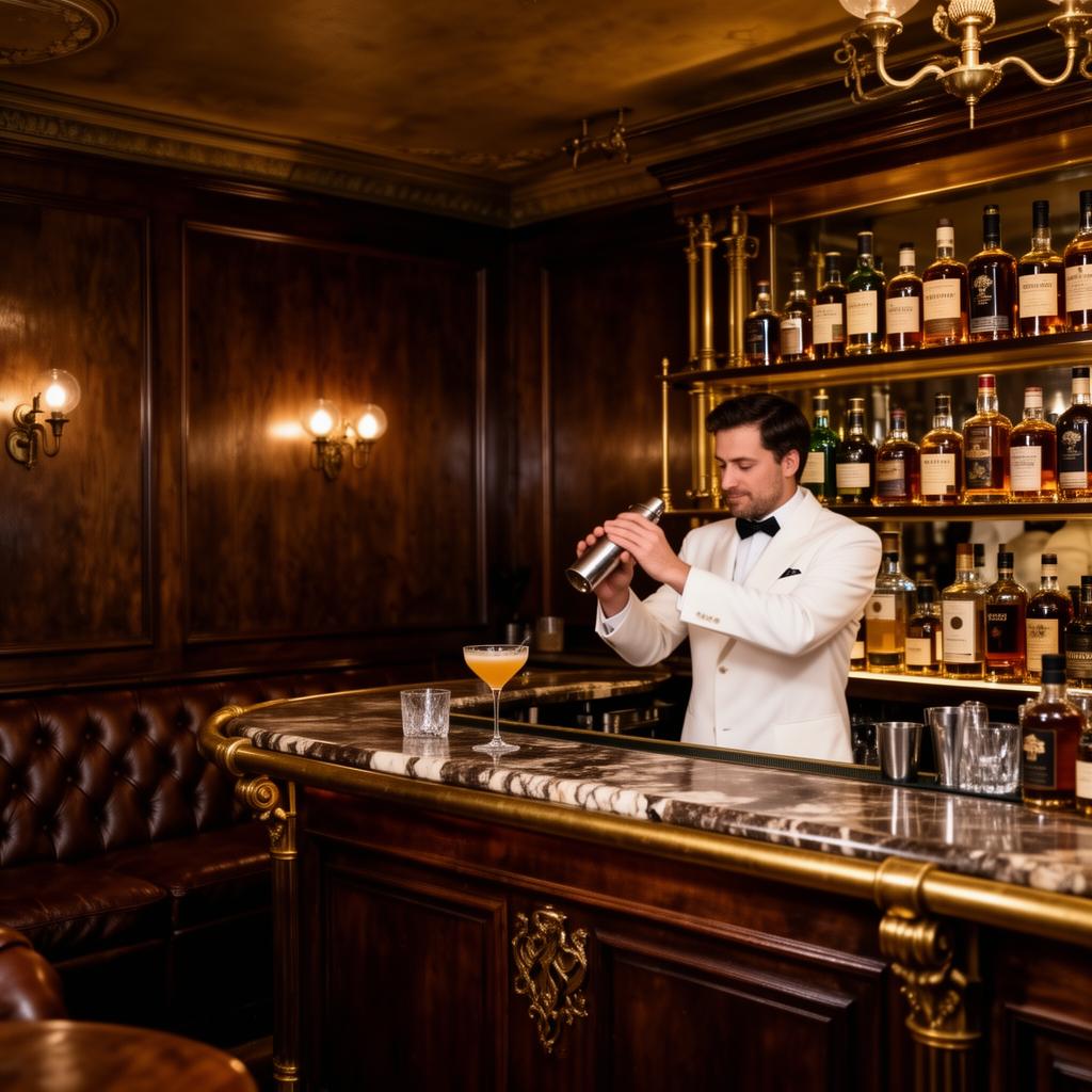 Hemingway Bar Prague refined classical 1920s cocktail bar interior with dark wood paneling, brass fittings, leather banquettes and a white-jacketed bartender