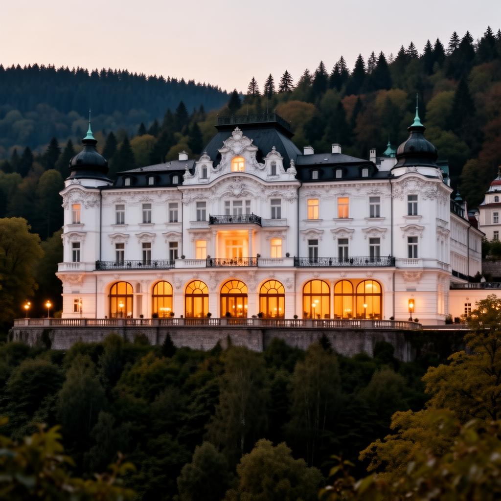 Hotel Imperial Karlovy Vary grand white historic Edwardian luxury spa hotel high on a hill with ornate neoclassical stucco facade and warm-glowing windows at dusk