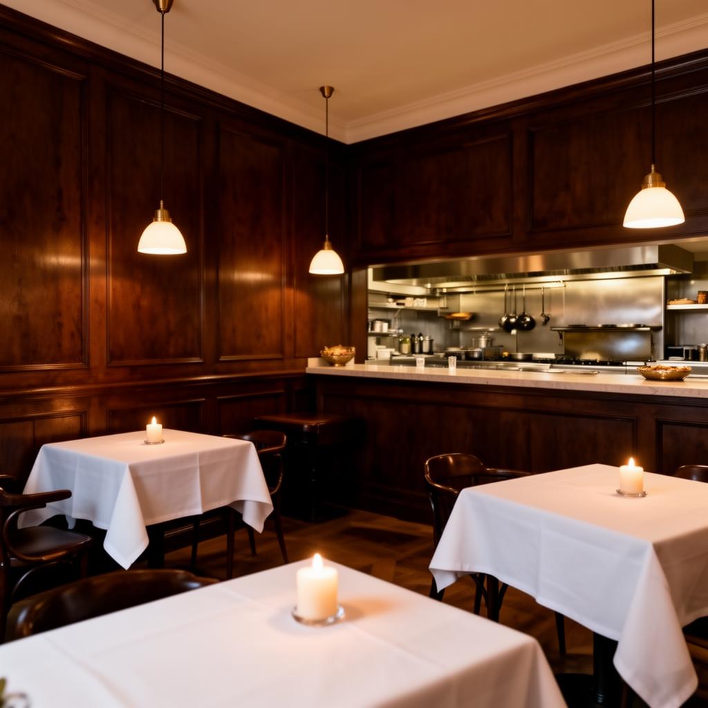 La Degustation Bohême Bourgeoise refined Michelin-starred Bohemian tasting restaurant interior with dark wood paneling, white tablecloths and warm pendant lighting