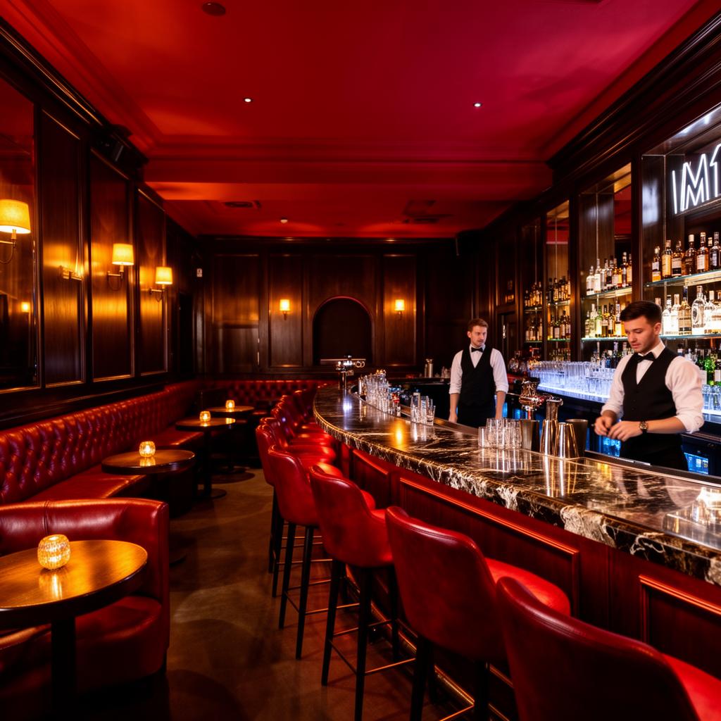 M1 Lounge Bar and Club Prague refined upscale lounge interior with deep red and dark wood, leather banquettes, low warm amber lighting and polished marble bar