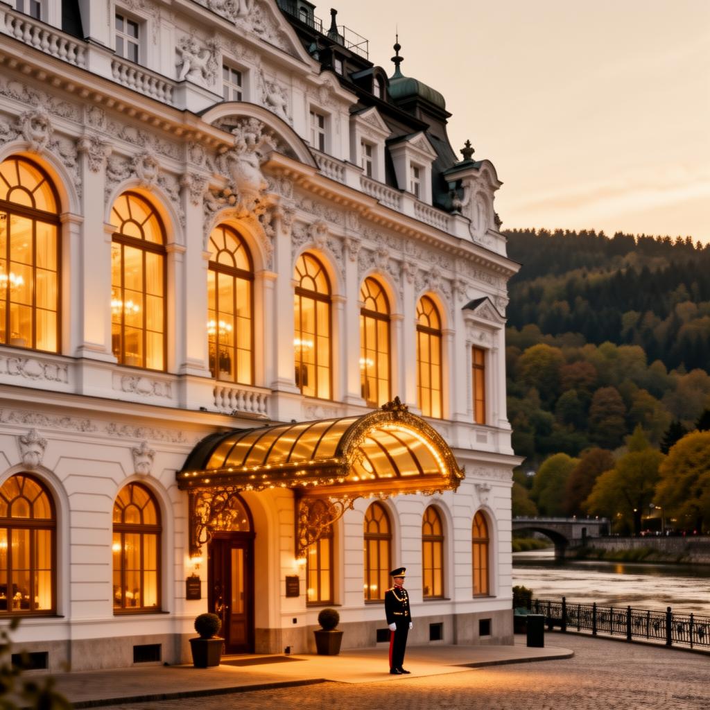 Grandhotel Pupp Karlovy Vary iconic grand white neoclassical luxury hotel facade at golden hour with ornate stucco, warm-glowing windows, gleaming entrance canopy and uniformed doorman