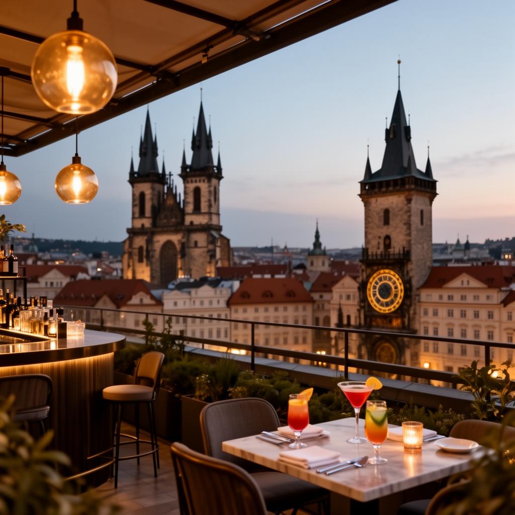 Terasa U Prince rooftop terrace bar with view over Old Town Square Prague, the Týn Cathedral spires and Astronomical Clock at dusk, warm lights and elegant tables