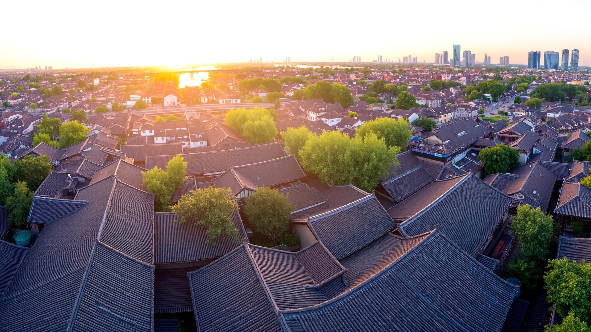 Panoramic aerial morning view of Chengdu old town at golden hour with traditional Sichuan rooftops, bamboo groves and the modern skyline rising in the distance