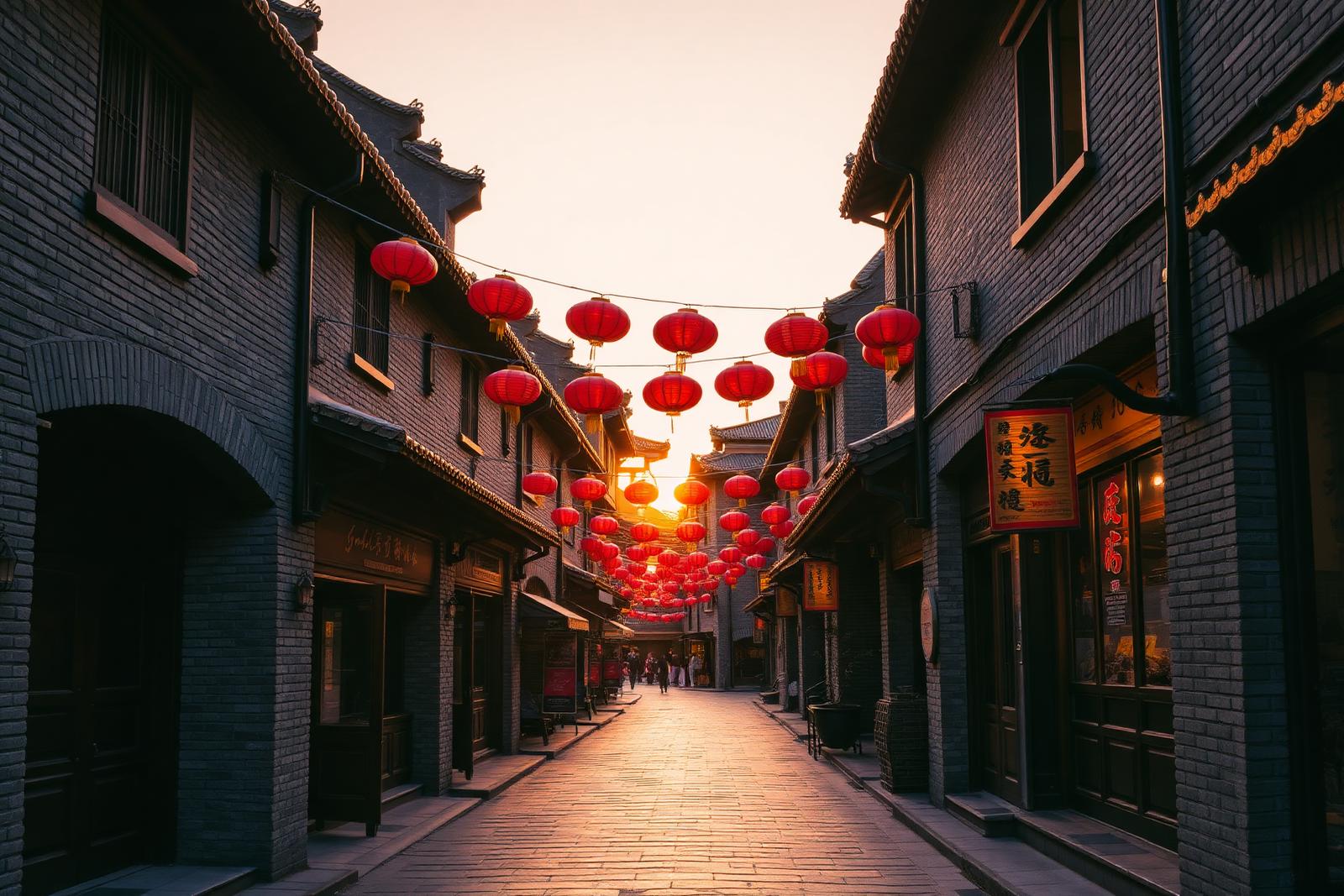 Jinli Ancient Street Chengdu at golden hour with traditional grey-brick Sichuan architecture, red lanterns strung overhead, wooden shopfronts and stone pavement