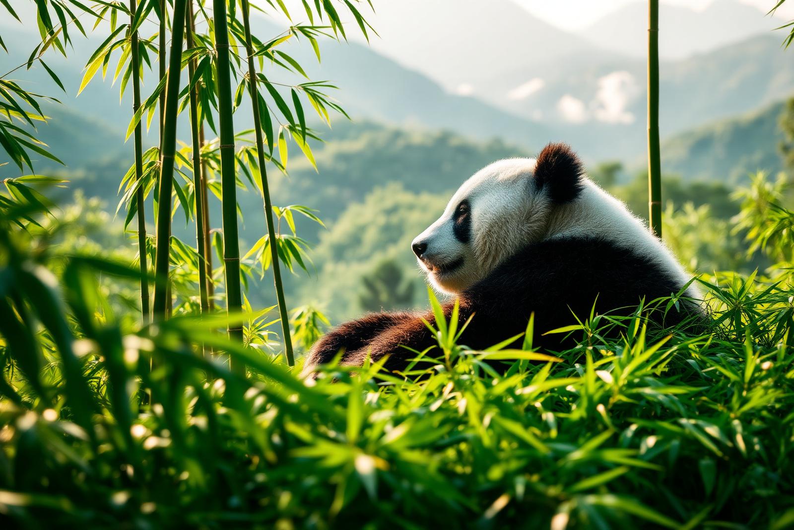 A giant panda lounging in lush bamboo forest at the Dujiangyan Panda Base near Chengdu at golden hour with dappled light and misty mountains behind