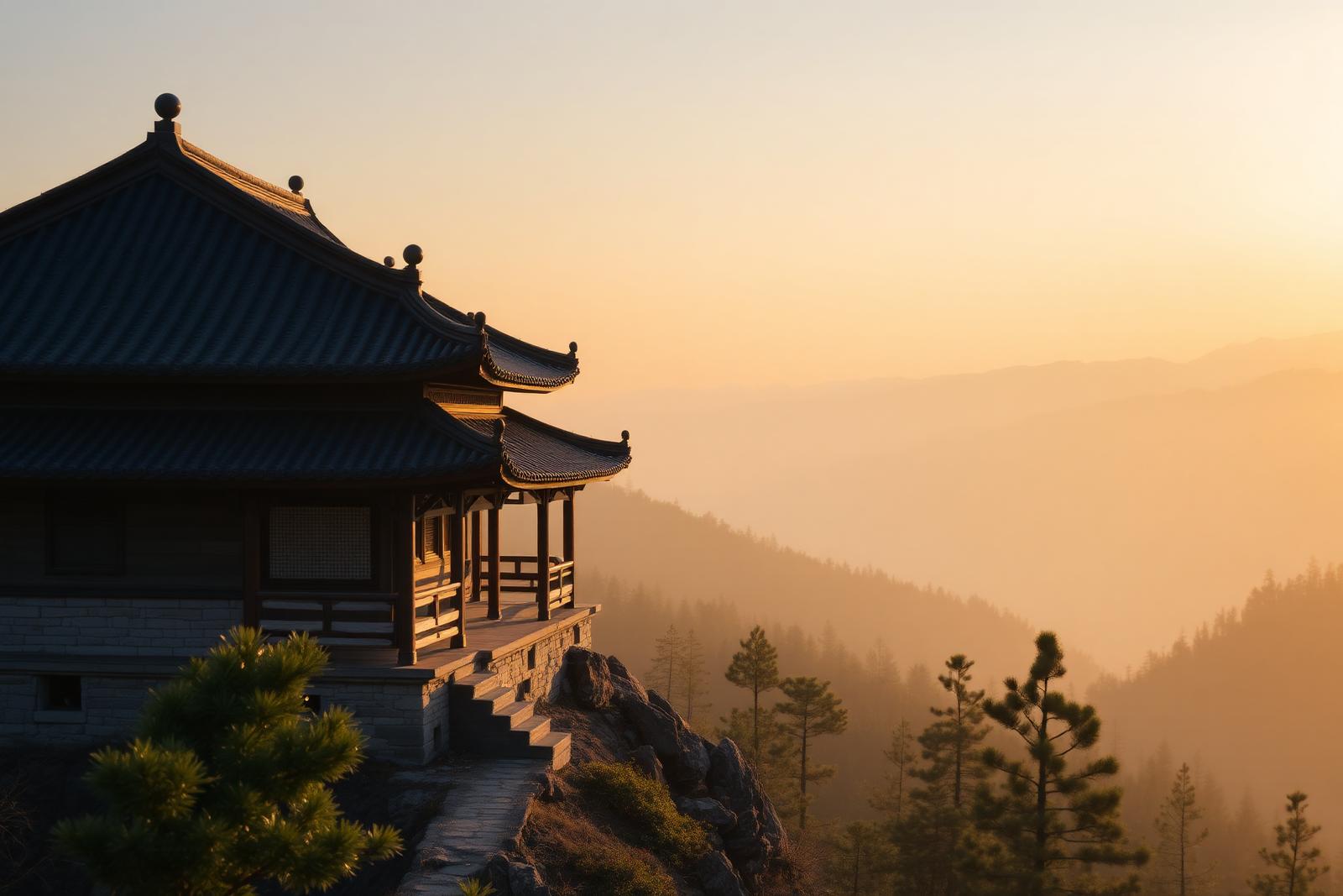 Mount Qingcheng near Chengdu at golden hour with an ancient Taoist temple pavilion on a misty forested mountain ridge surrounded by pines