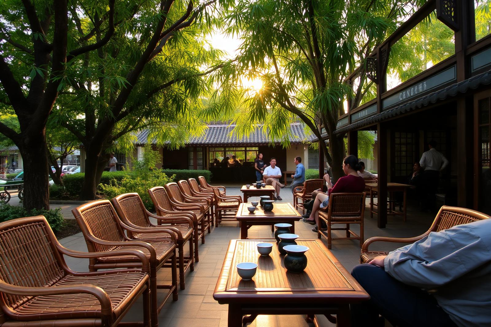 Traditional Sichuan teahouse at He Ming in People's Park Chengdu in the afternoon with bamboo chairs, gaiwan tea cups on low wooden tables, lush green trees and warm filtered light