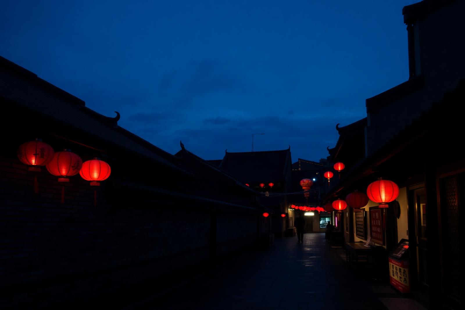 Jinli Ancient Street Chengdu at night with red Chinese lanterns glowing along grey-brick walls, stone pavement reflecting lantern light and a deep blue evening sky