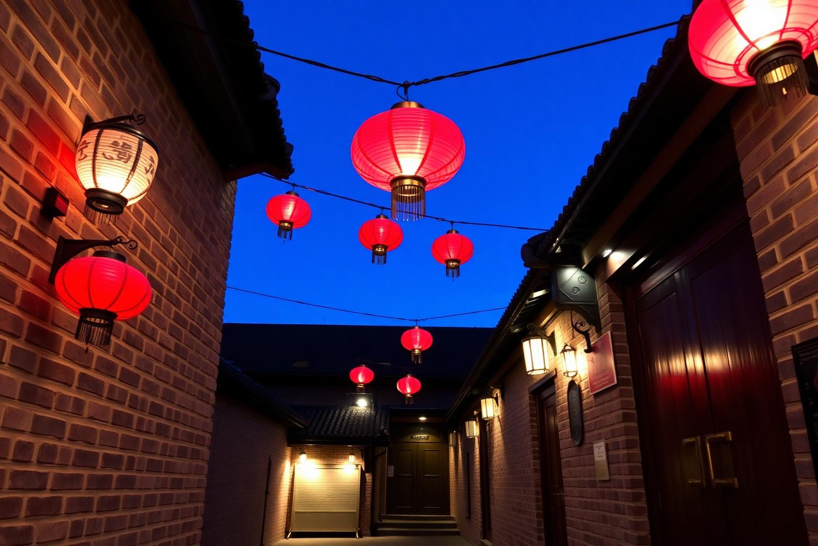 Kuanzhai Xiangzi alley Chengdu at night with restored grey brick walls, glowing red lanterns under wooden eaves and a deep blue evening sky