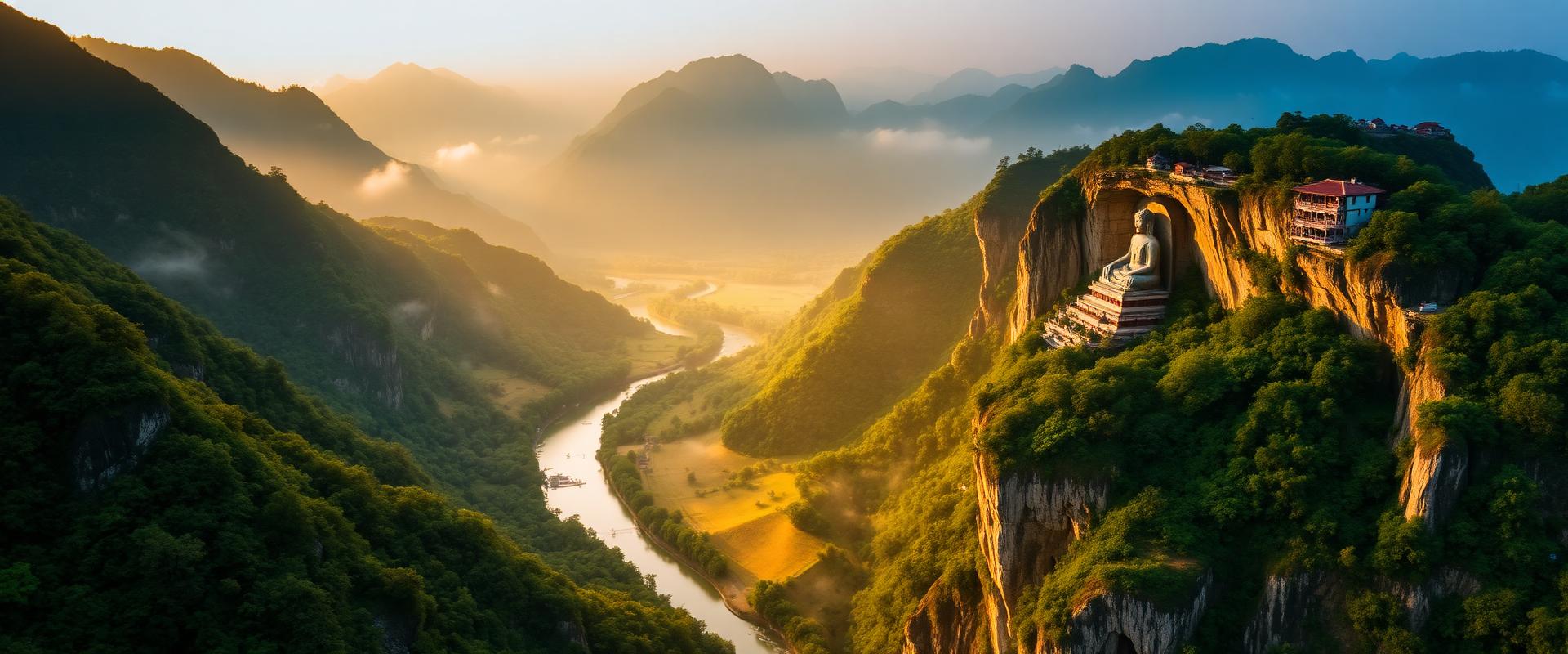 Aerial panoramic view of the Leshan Giant Buddha carved into a forested cliff above the river confluence near Chengdu at golden hour, dramatic perspective and mist