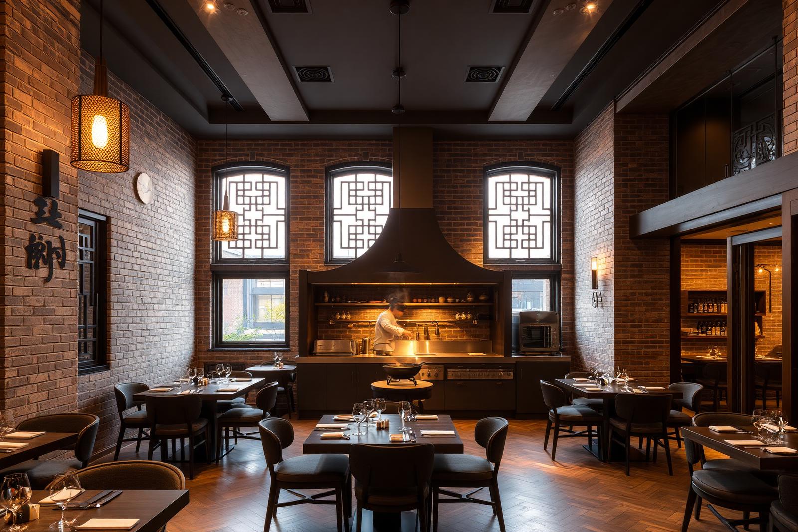 Sophisticated contemporary Sichuan restaurant in Chengdu with grey-brick walls, traditional latticework windows, brass accents and a visible wok station under warm cinematic amber light