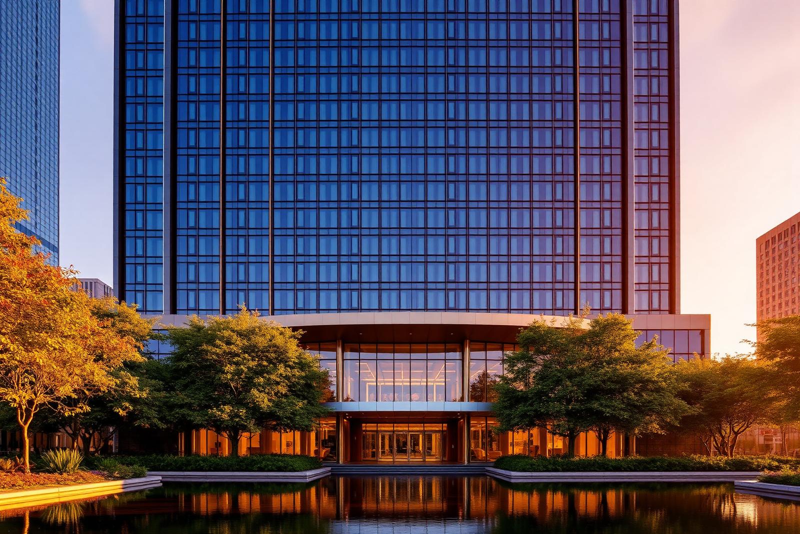 Niccolo Chengdu luxury hotel facade at golden hour with a sleek contemporary glass tower, bronze-accented entrance, mature trees and a reflecting pool