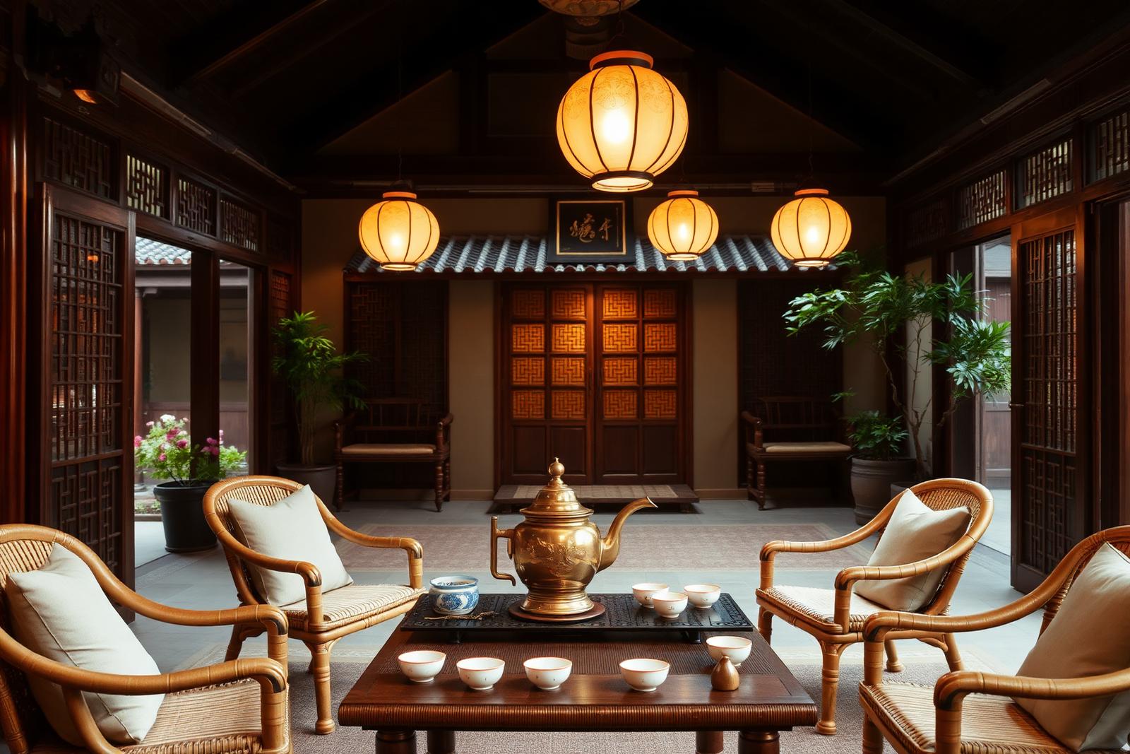 An elegant Chengdu teahouse lounge inside a restored courtyard with bamboo chairs, gaiwan porcelain tea sets, a brass kettle and paper lanterns overhead under warm cinematic amber light