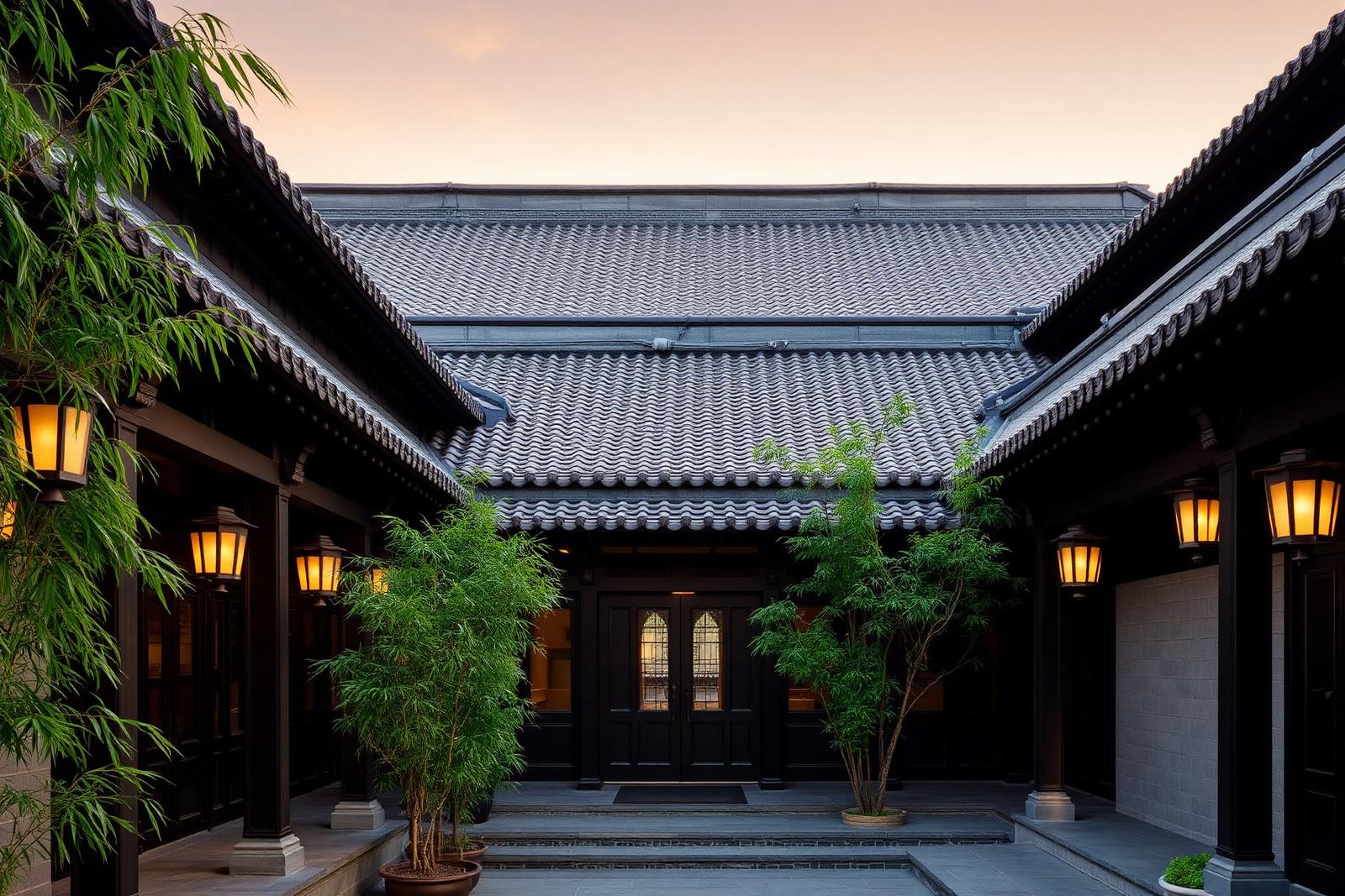 The Temple House Chengdu luxury hotel facade at golden hour with restored Sichuan courtyard architecture, grey roof tiles, dark wood columns and bamboo