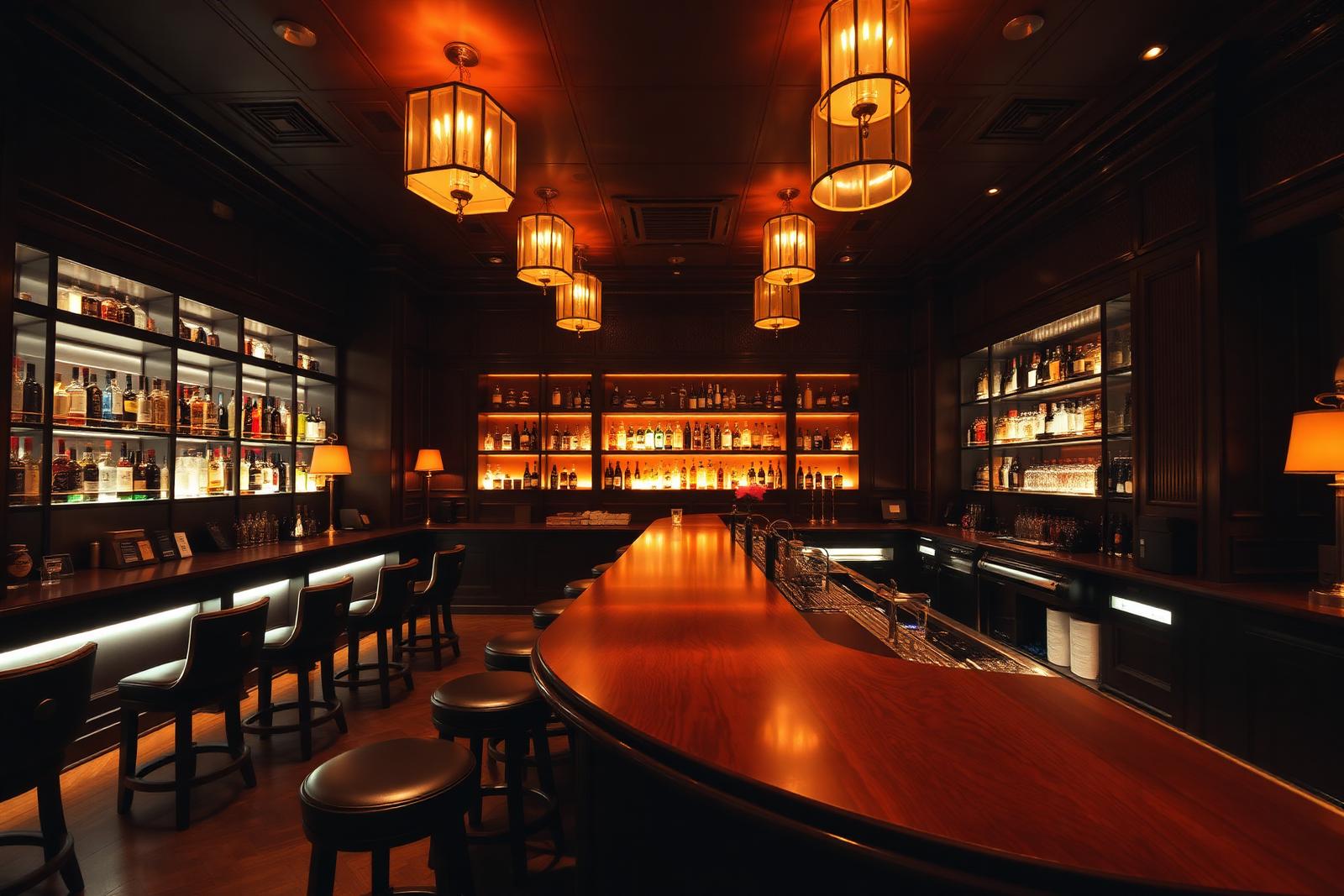 A refined Chengdu cocktail bar with dark moody lighting, long polished walnut bar with backlit liquor shelves, leather stools and brass lamps under warm cinematic amber light