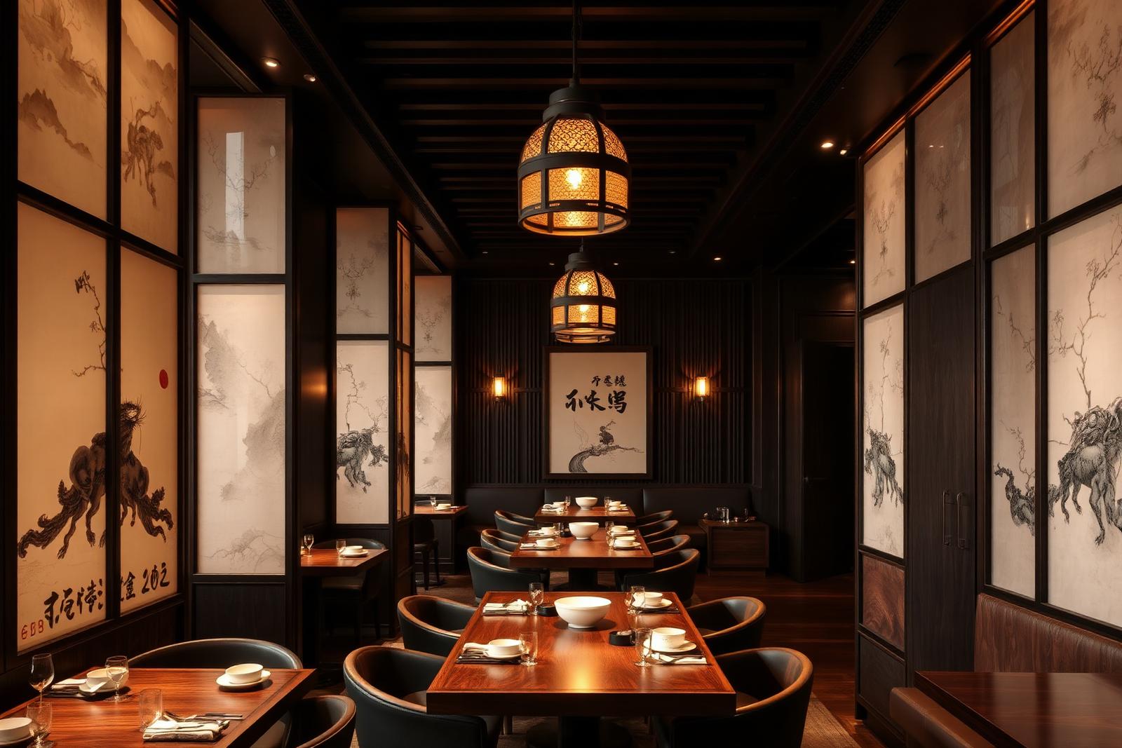 Refined modern Sichuan fine dining restaurant interior in Chengdu with dark stained wood, hand-painted ink-wash screens, low pendant lighting and warm cinematic amber light
