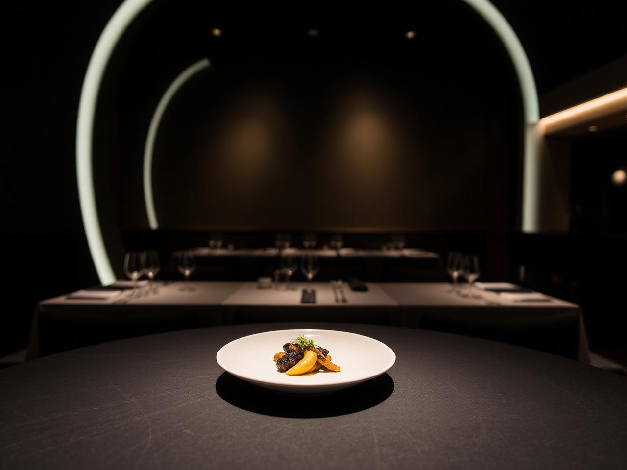 Minimalist fine dining room with sculptural single plate at Alinea Chicago