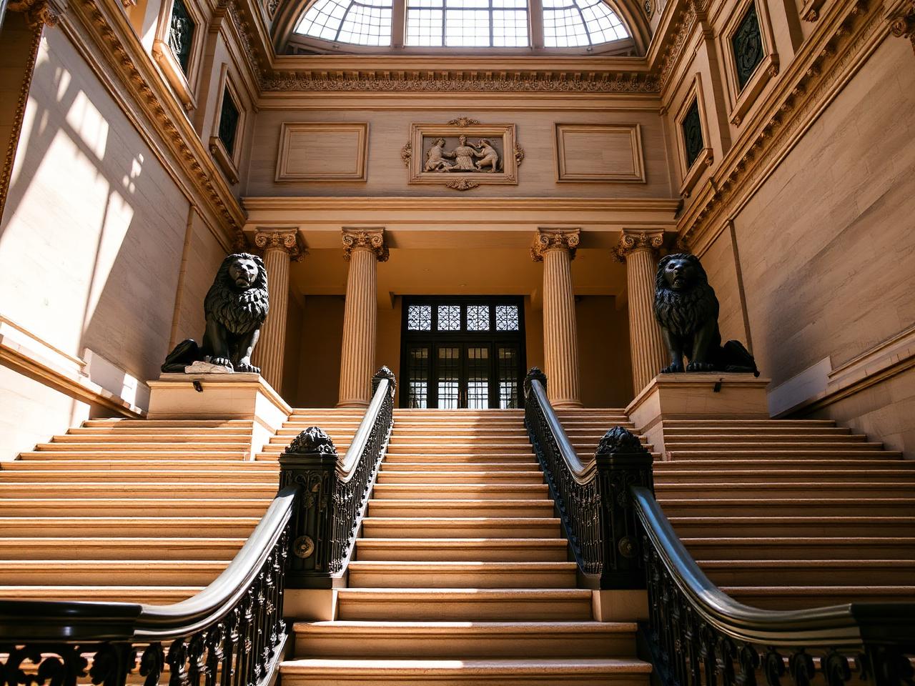 Grand staircase and bronze lions at the entrance to the Art Institute of Chicago