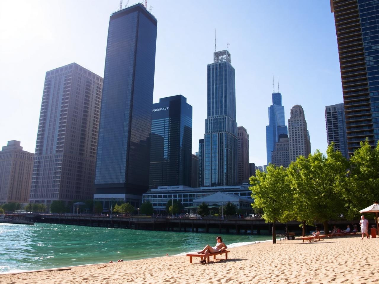 Oak Street Beach with the Chicago skyline rising behind it on a sunny day