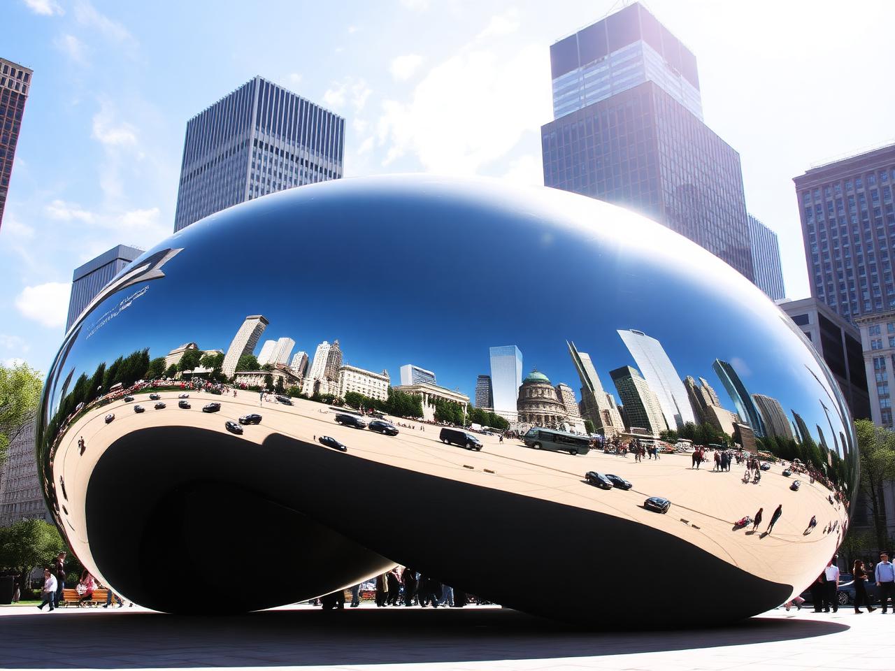 Anish Kapoor's Cloud Gate sculpture reflecting the Chicago skyline in daylight