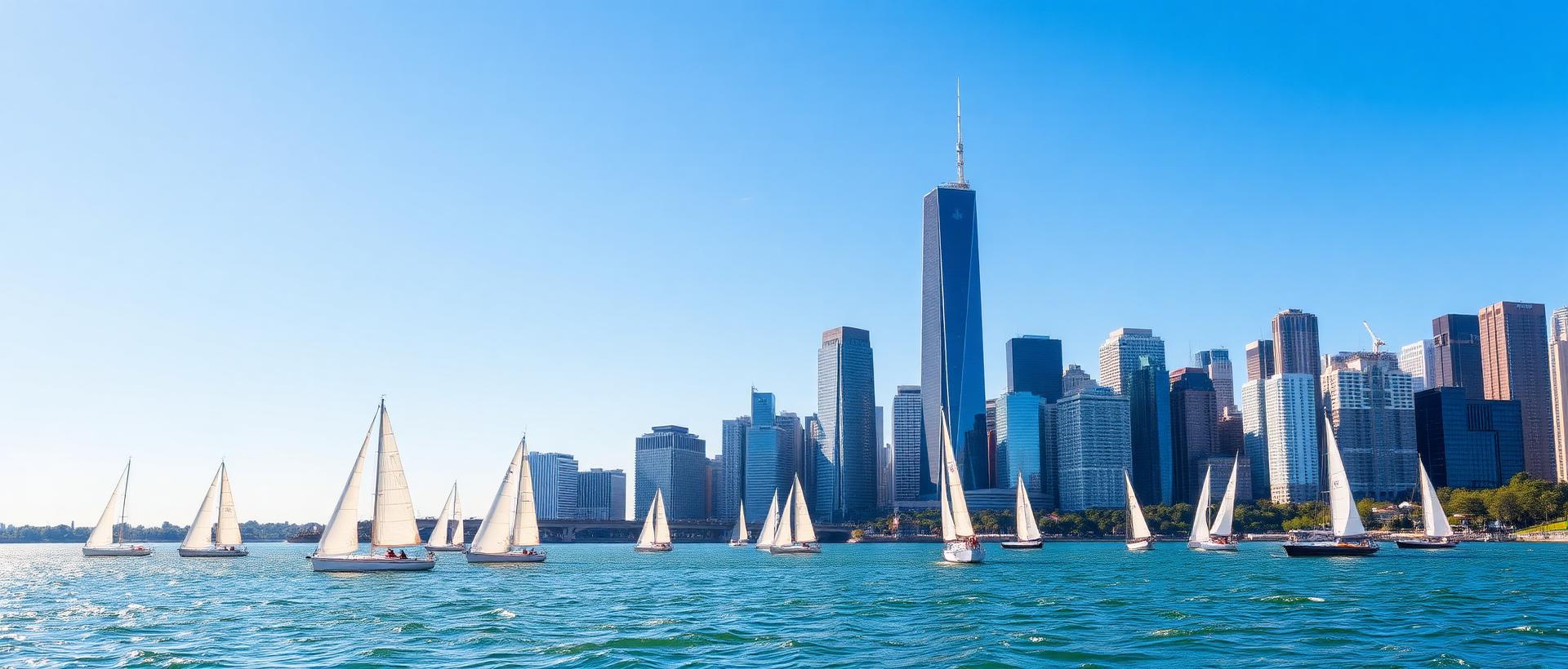 The Chicago skyline seen from the lakefront with sailboats on Lake Michigan
