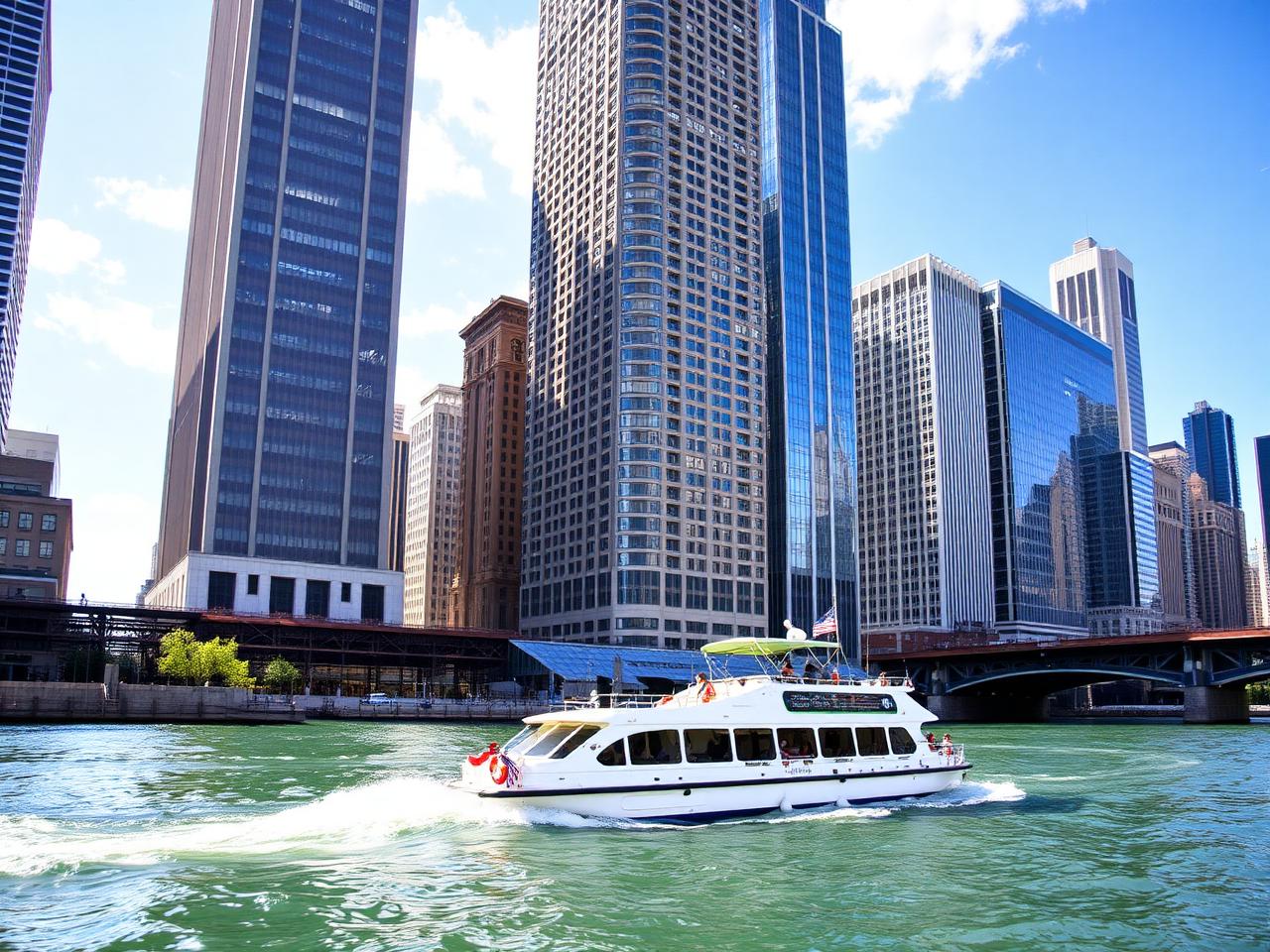 Chicago architectural river boat passing tall skyscrapers on a sunny day