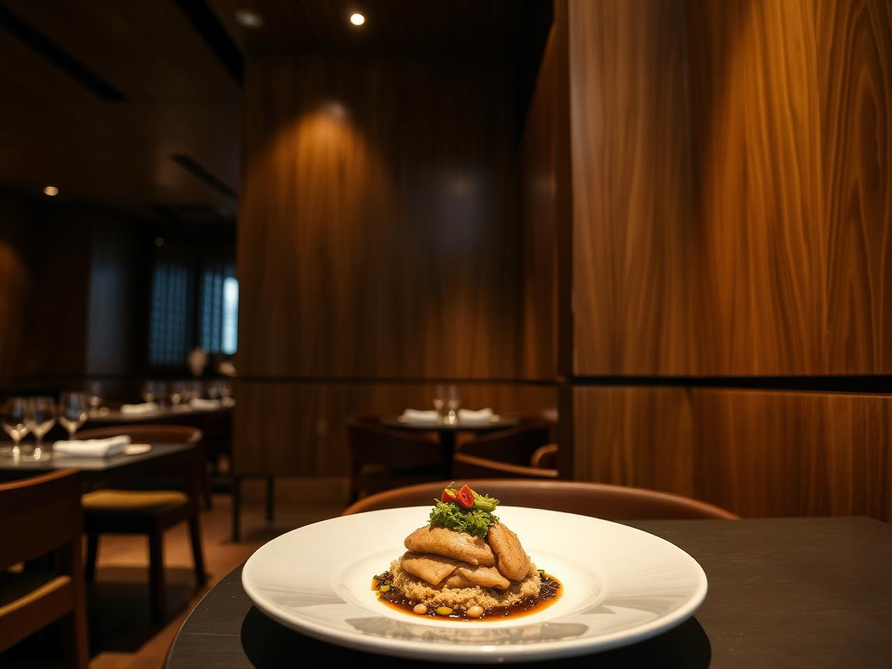Warm wood-panelled dining room with a single elegant plate at Kasama