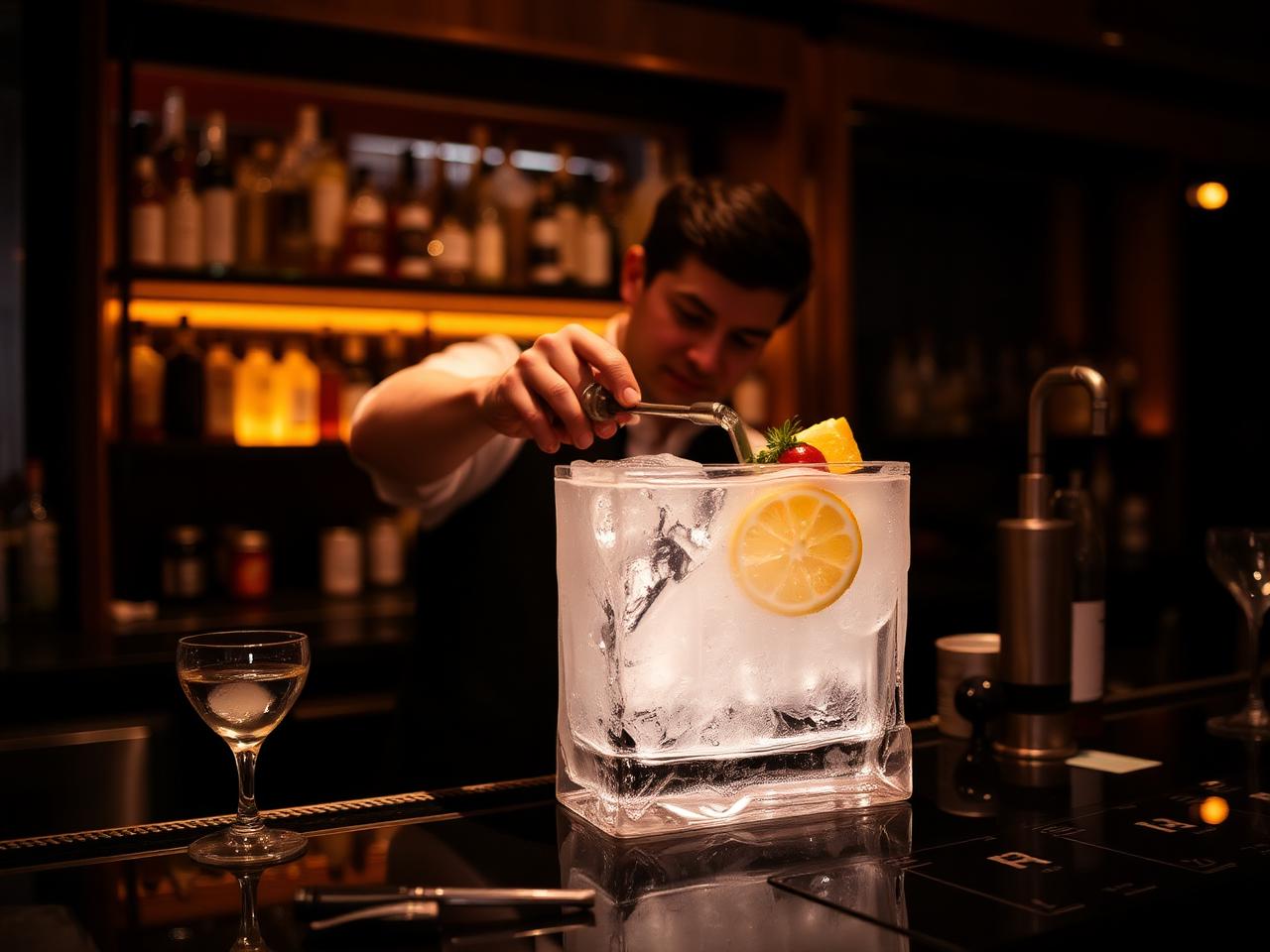 Bartender carving ice for a highball at Kumiko Chicago