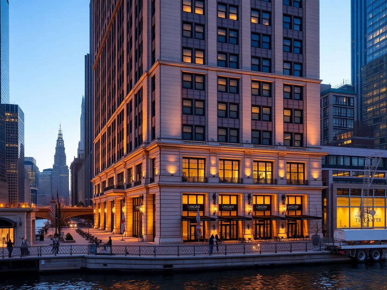 Limestone façade of The Langham Chicago hotel along the river at dusk