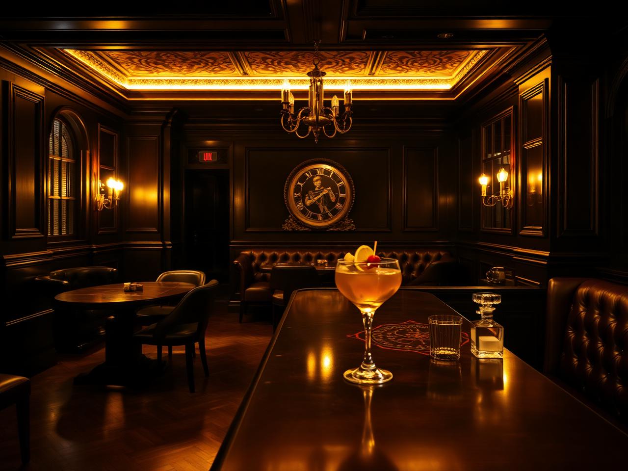Dark wood cocktail lounge with brass details and leather banquettes