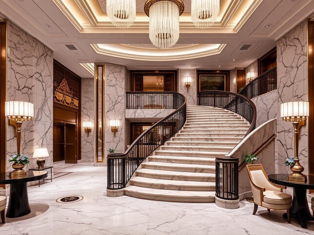 The marble lobby and curving staircase of The Peninsula Chicago