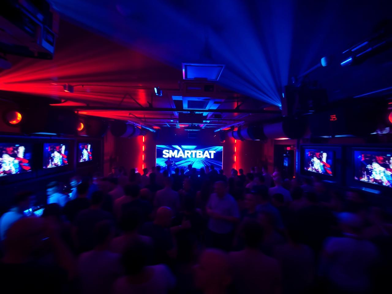 Underground Chicago nightclub with red and blue lighting and packed floor