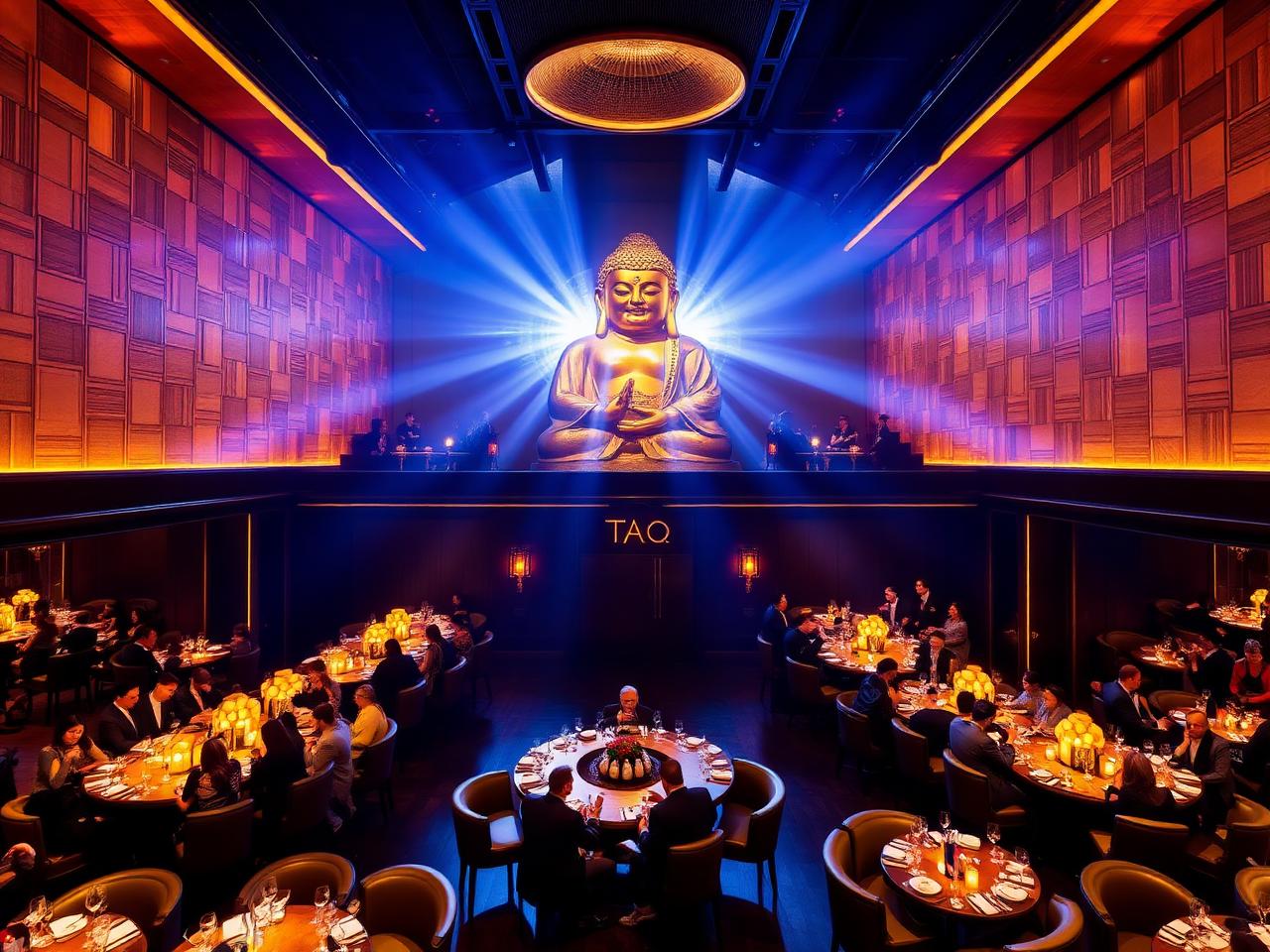 Grand TAO Chicago dining hall with golden Buddha and dramatic lighting