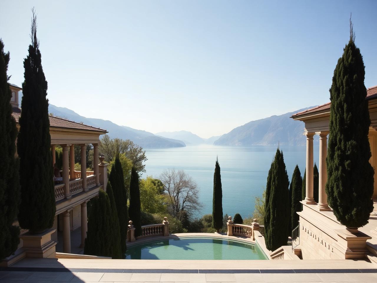 Villa del Balbianello on Lake Como with terraced loggia, cypress trees and lake view in soft daylight