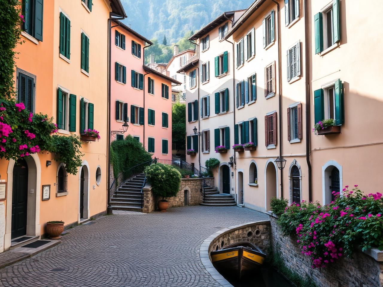 Bellagio village on Lake Como with cobbled stepped lanes, pastel buildings with green shutters, oleander flowers in soft afternoon light