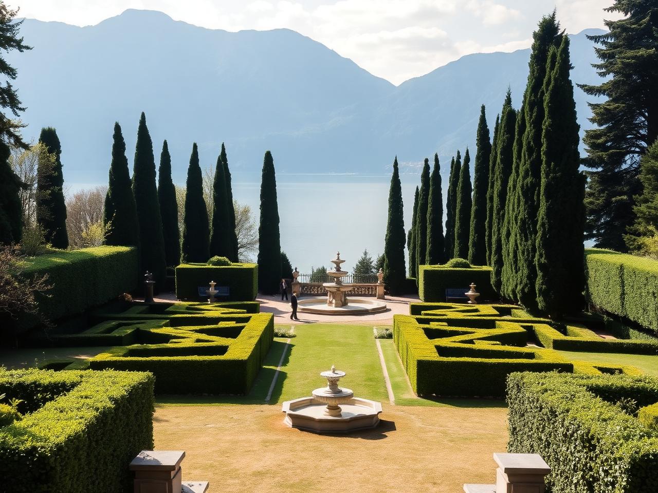 Italian formal garden with manicured hedges, cypress avenue, fountain and Lake Como view from a terrace at Villa Carlotta in soft daylight