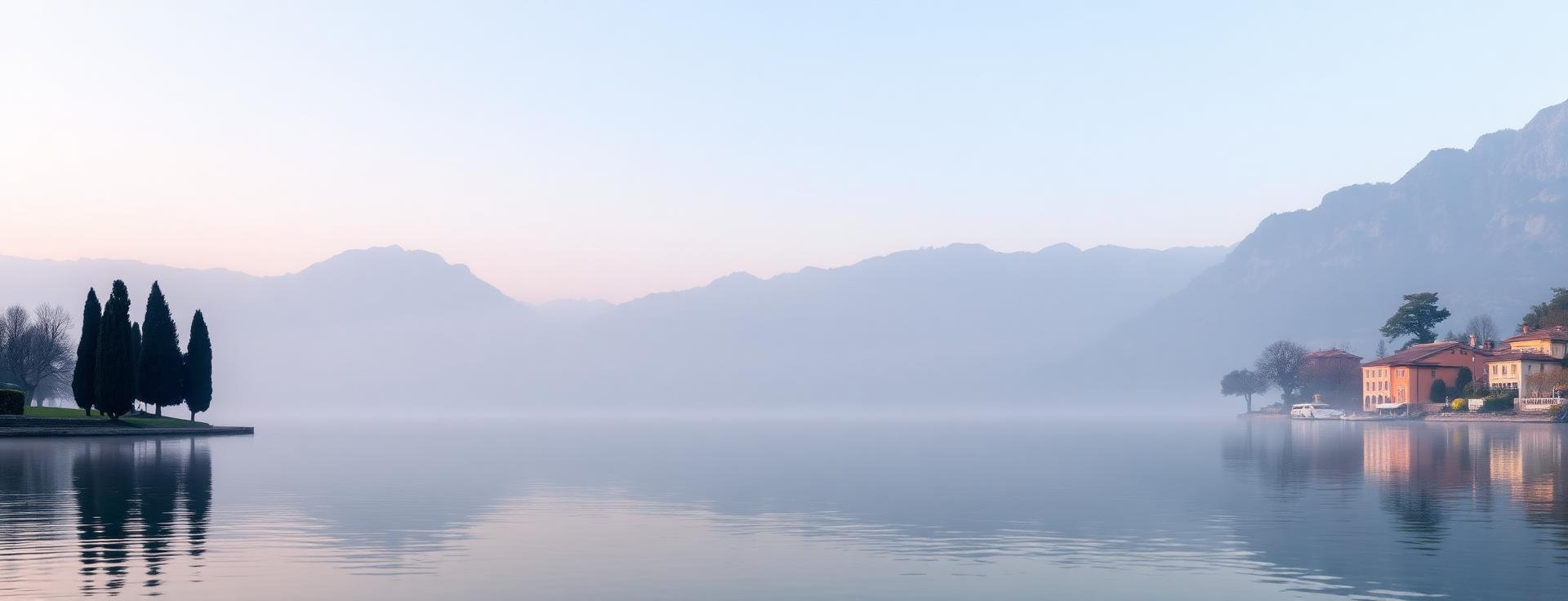 Lake Como at sunrise with soft pastel light, mist rising over still water, cypress trees and pastel villas on the shoreline, mountains in the distance