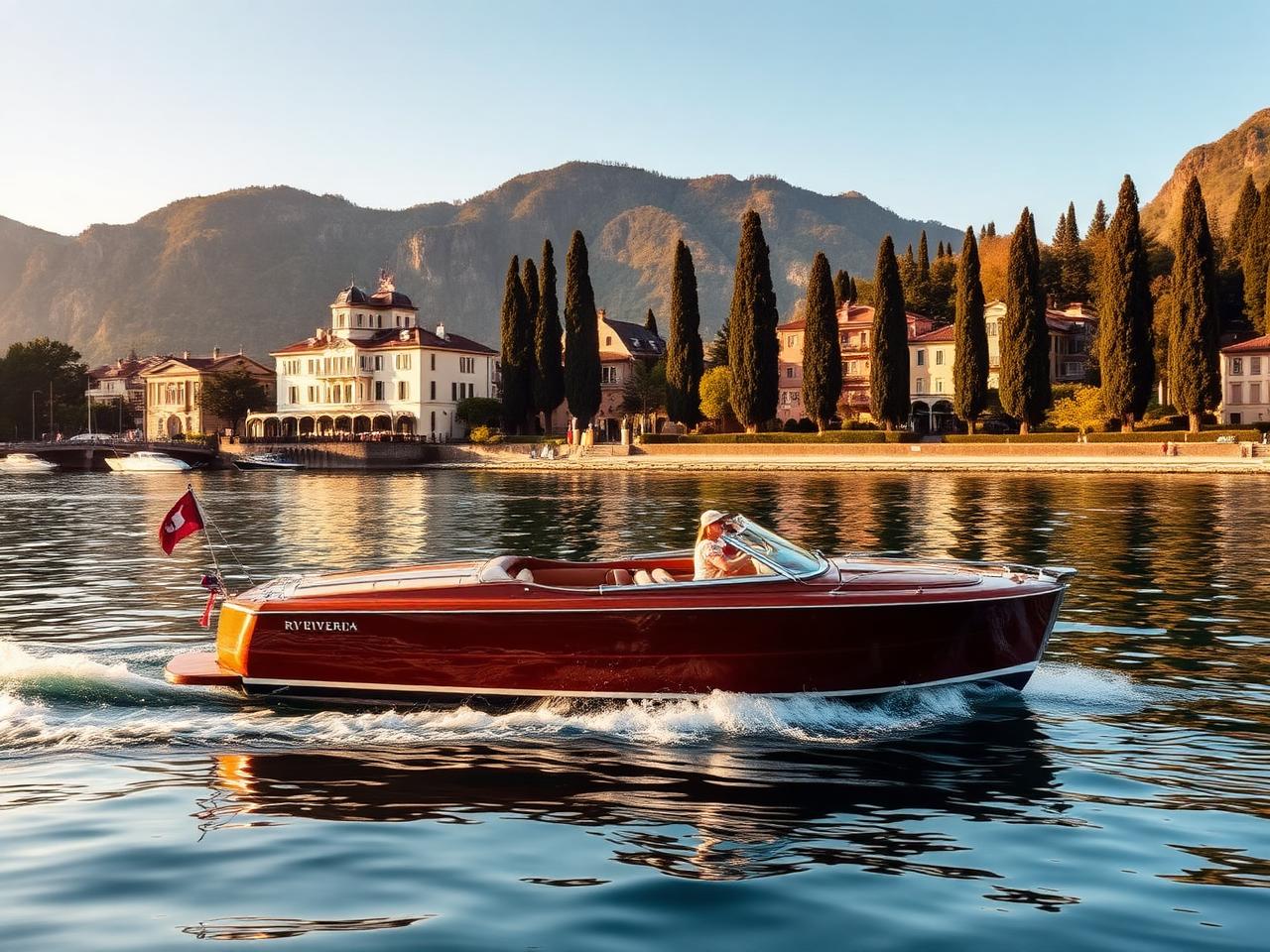 Classic mahogany Riva motorboat cruising on Lake Como with cypress-lined shore and pastel villas in golden afternoon light