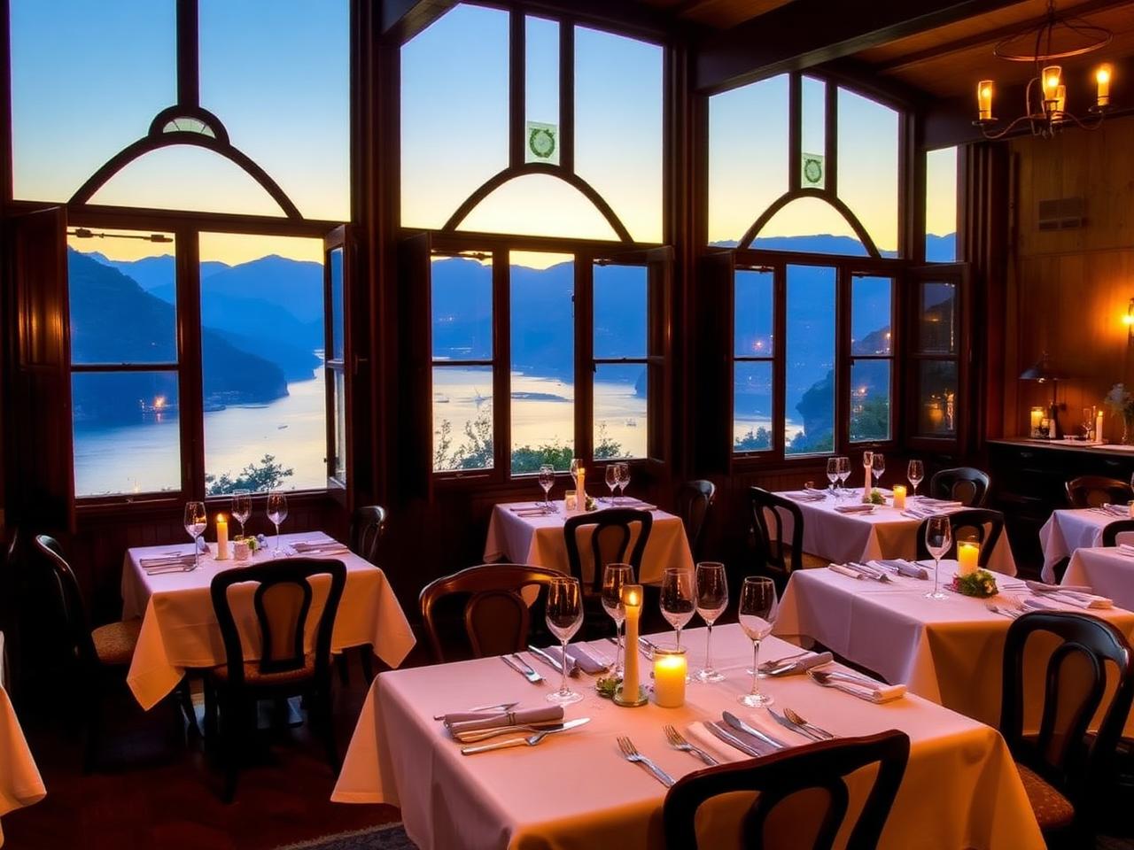 Il Gatto Nero hillside trattoria above Lake Como with warm rustic Italian dining room, candles, white tablecloths and panoramic lake view at golden hour