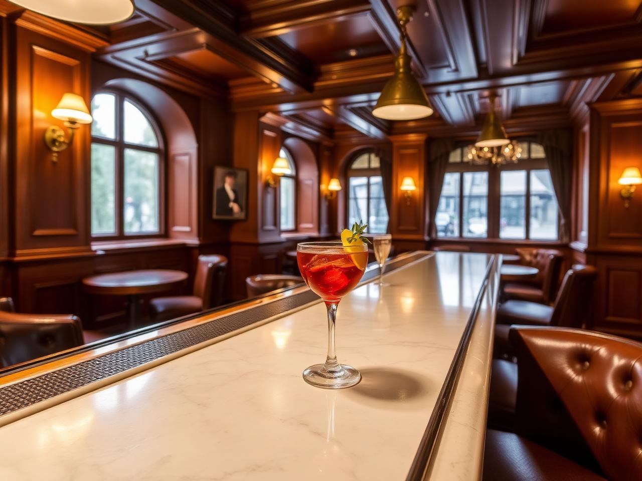 Harry's Bar Cernobbio classic Italian lakeside cocktail bar interior with warm wood panelling, brass fittings, low lamplight and a beautifully made negroni