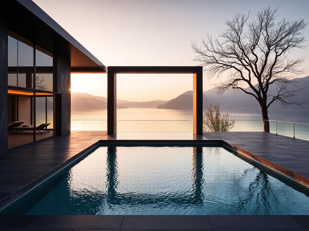 Il Sereno Lago di Como modern minimalist luxury hotel lakeside with infinity pool, dark stone, oak terrace and reflection of Lake Como at golden hour