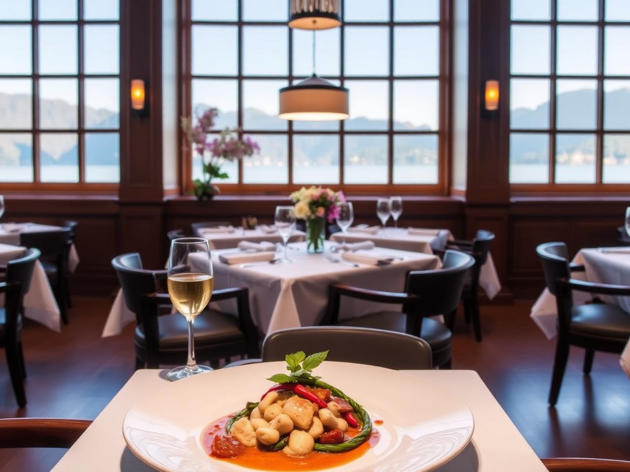 Refined fine dining room at Mandarin Oriental Lago di Como Kitchen with warm wood, lake view through tall windows, white tablecloths and elegant table settings