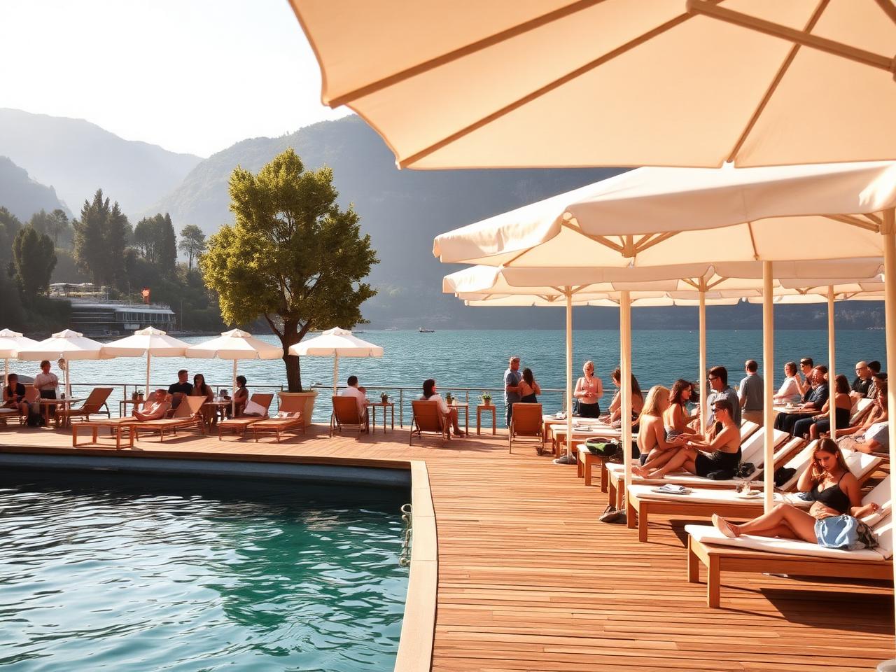 Lido di Bellagio Italian lakeside beach club with wooden deck, white parasols, turquoise Lake Como water and refined sun loungers in golden afternoon light