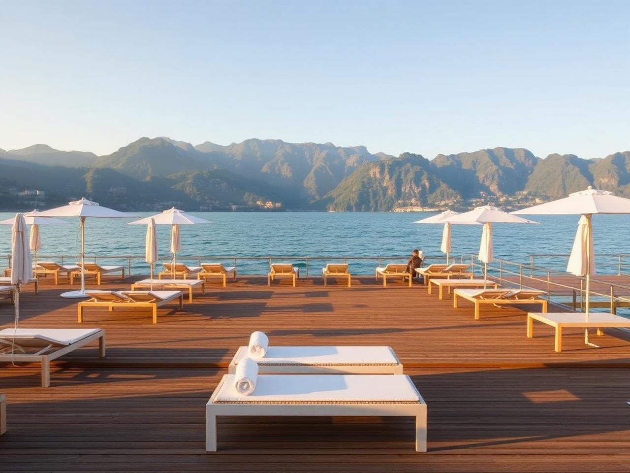 Lido di Lenno lakeside beach club on Lake Como with wooden deck, white sun loungers, parasols and turquoise water at golden hour